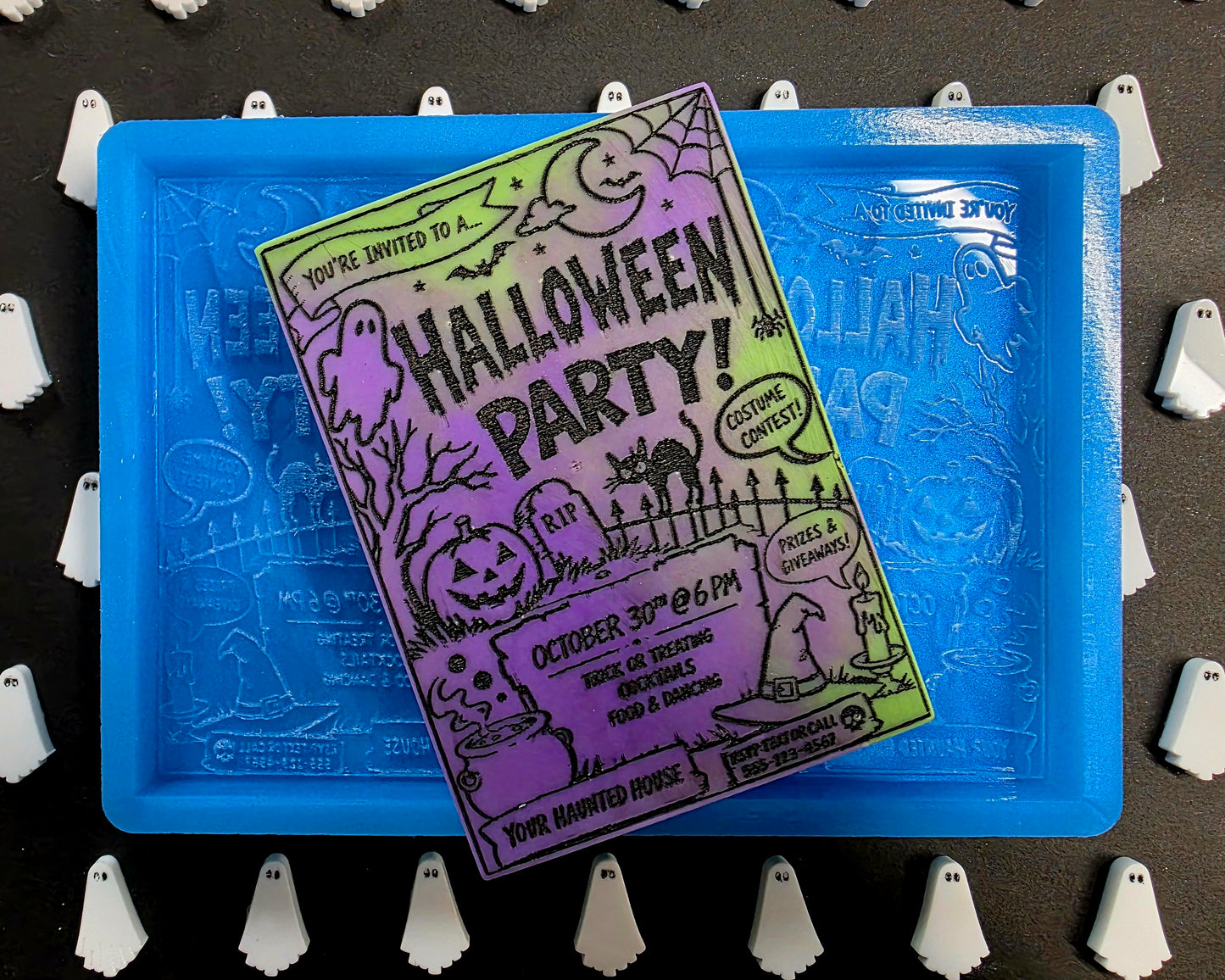 Halloween Party Invitation 2 cell silicone mould for wax melts, resin, soap, jesmonite