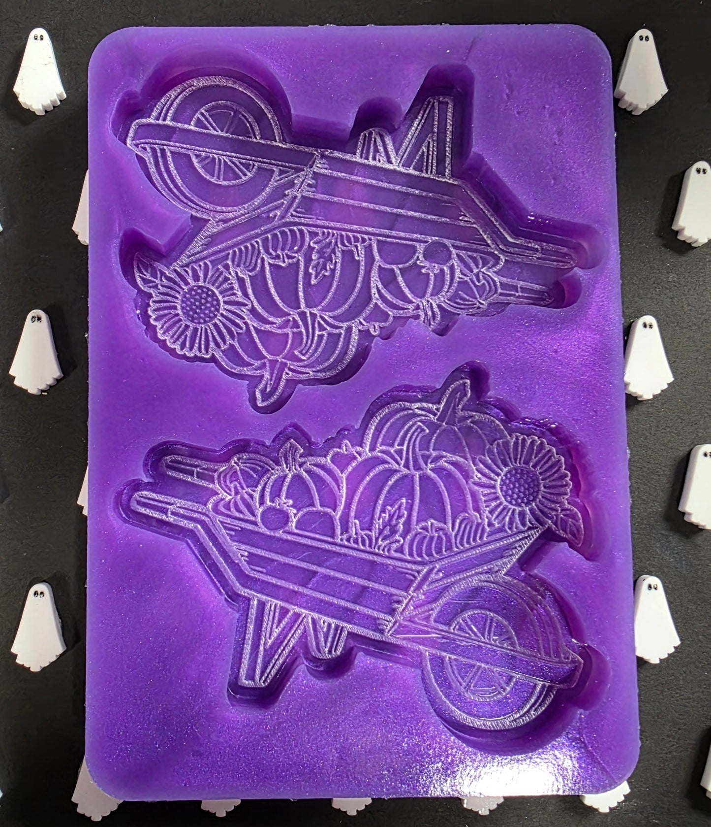Pumpkin wheelbarrow 2 cell silicone mould for wax melts, resin, soap, jesmonite