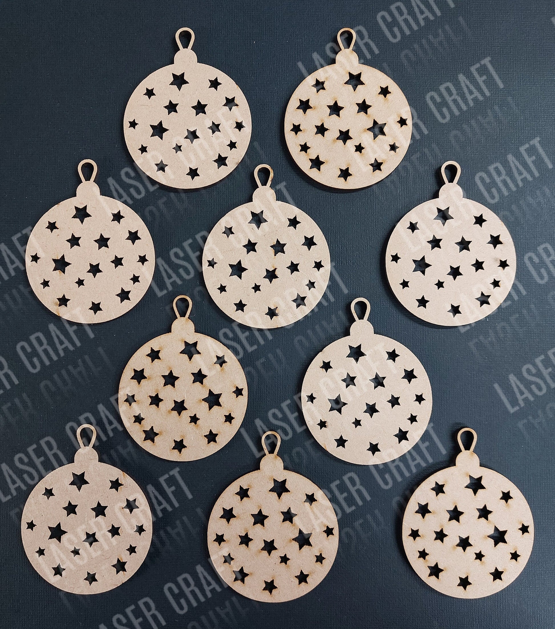 Baubles 10 MDF Laser Cut Christmas Decorations in Tree, Bauble and Star