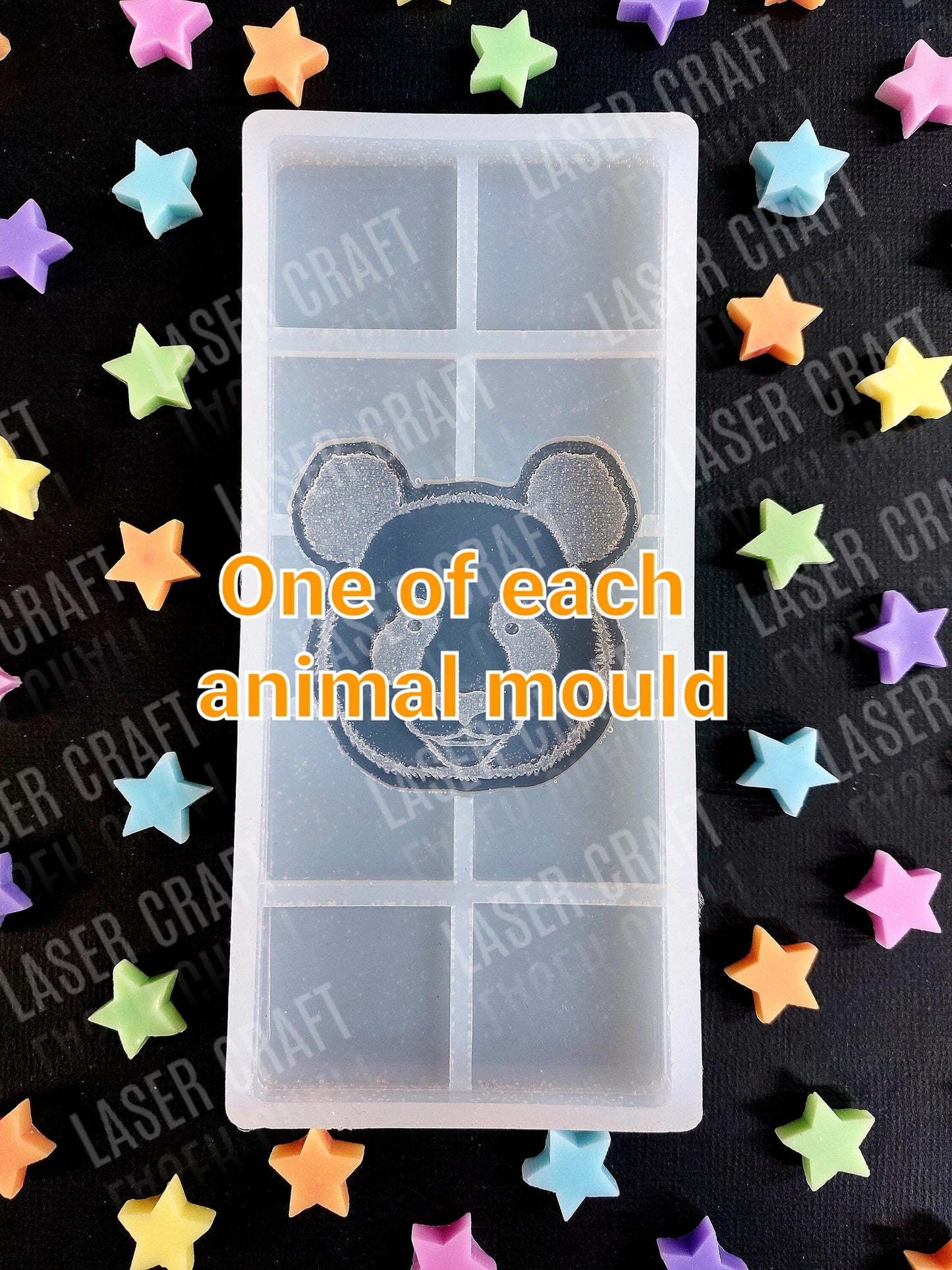 Animal Snap Bar Silicone Moulds for wax. Panda, lion, tiger, zebra, rhino, leopard, elephant and giraffe.