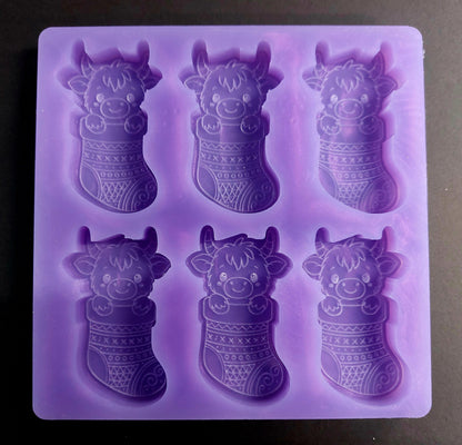 Highland Cow Stocking 6 Cell Silicone Mould for wax, resin, jesmonite, soap etc