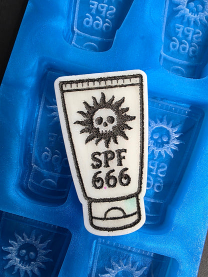SPF 666 Spooky Suncream 6 cell silicone mould for wax, soap, resin, jesmonite etc