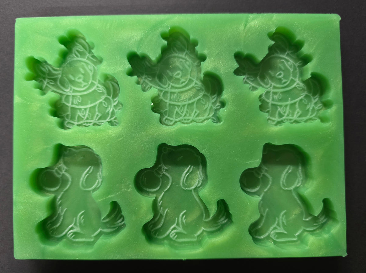 Christmas Puppies lights and bauble design 6 cell Silicone Mould for wax melts, resin and more