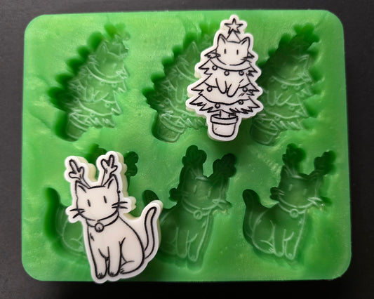 Christmas Kittens Reindeer And Tree Design Silicone Mould For Wax Melts, Resin Craft and more (6 Cell)