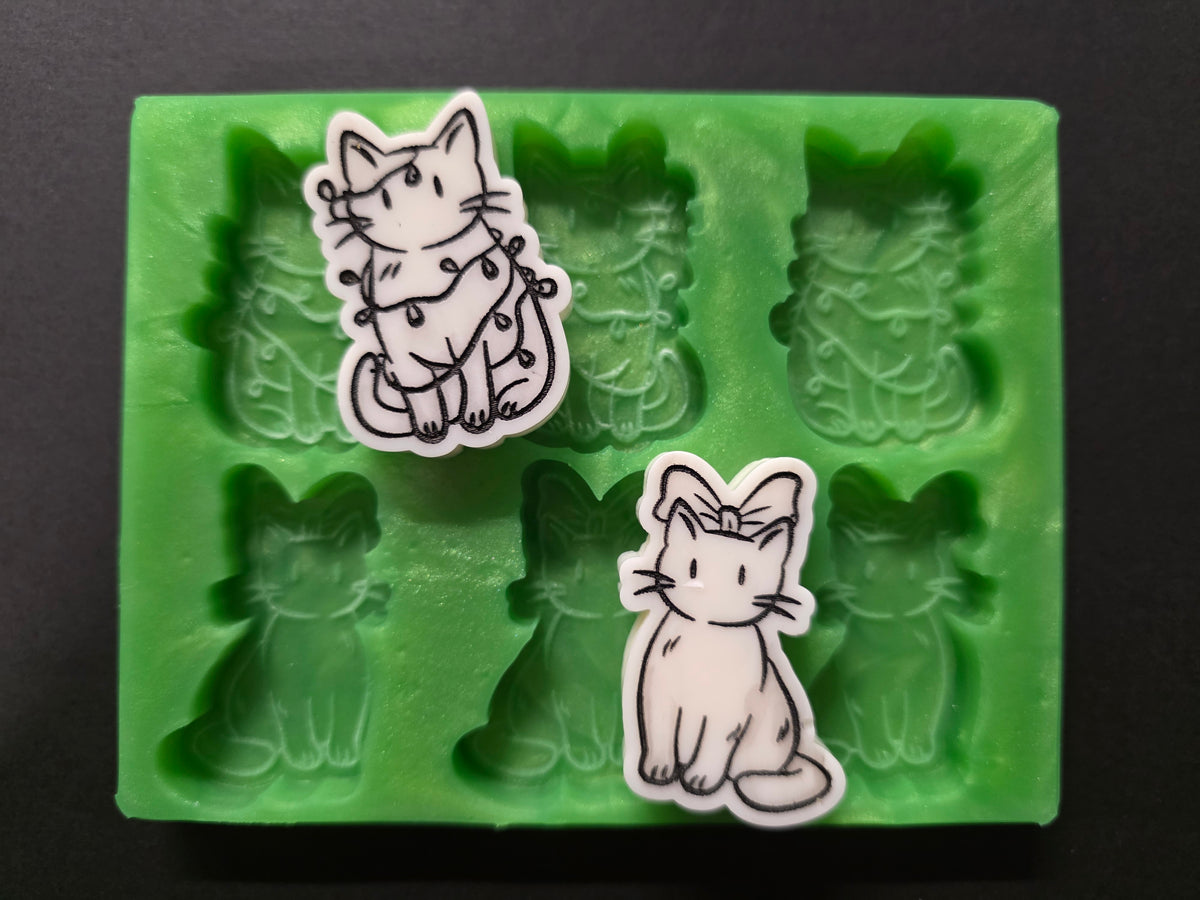 Christmas Kittens Bow And Lights Design Silicone Mould For Wax Melts, Resin Craft And More (6 Cell)