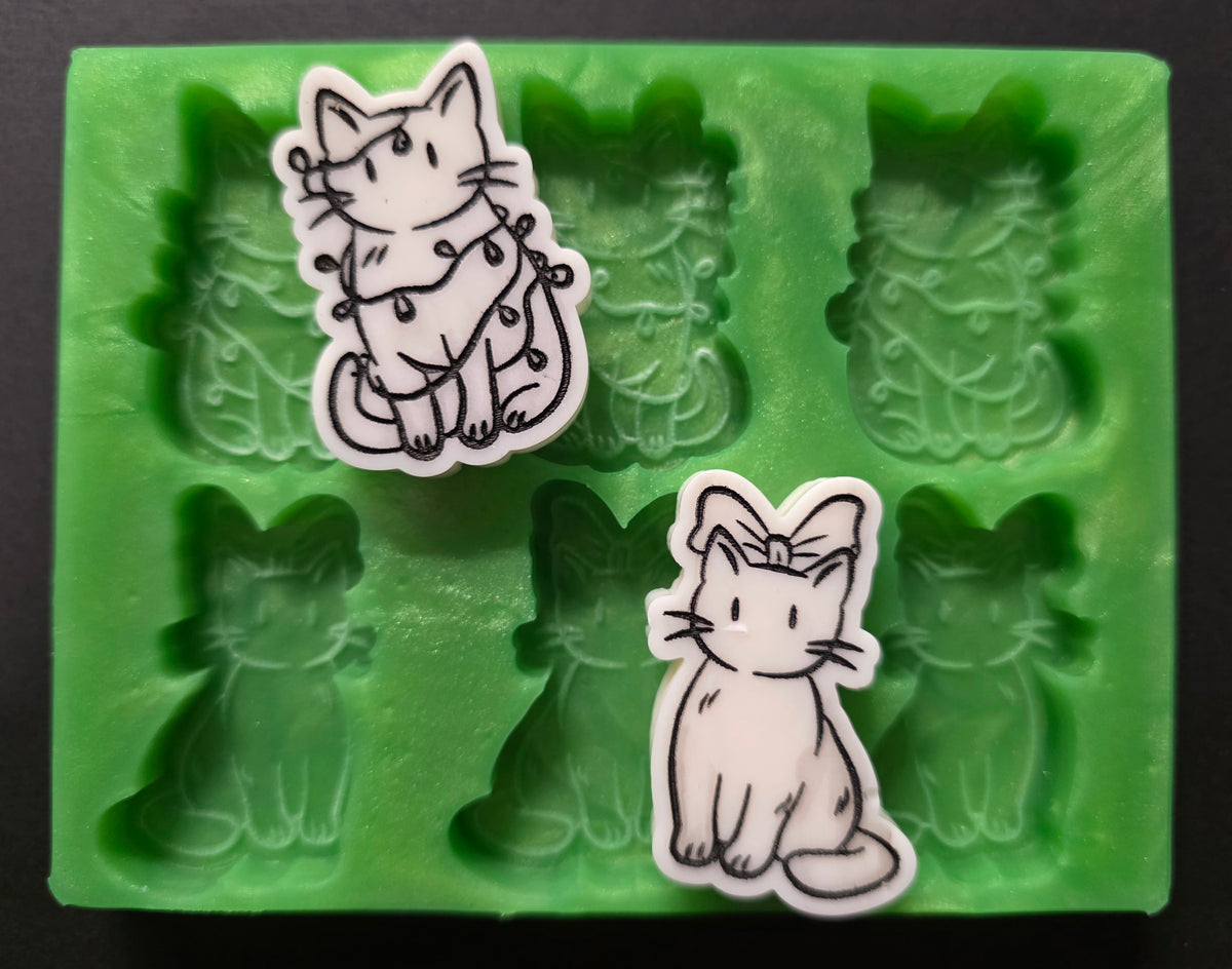 Christmas Kittens Bow And Lights Design Silicone Mould For Wax Melts, Resin Craft And More (6 Cell)