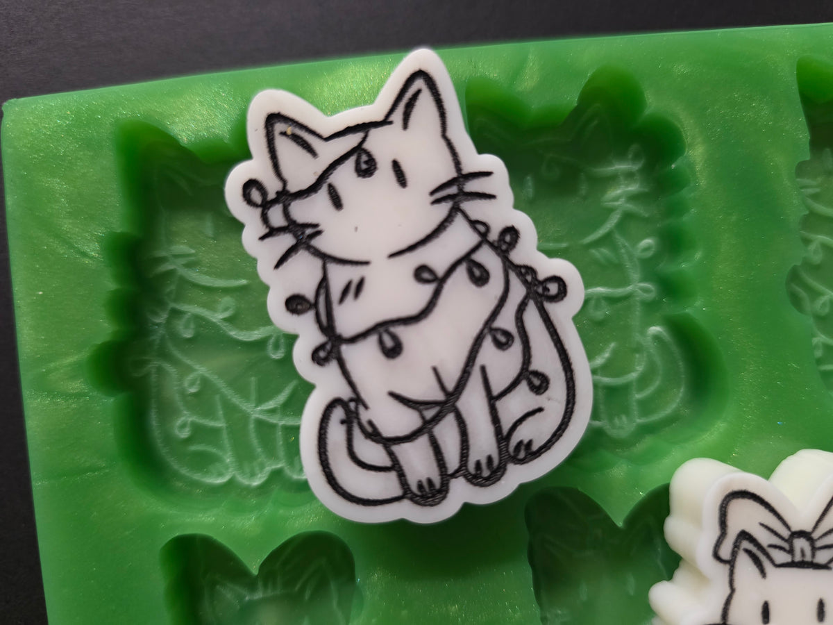 Christmas Kittens Bow And Lights Design Silicone Mould For Wax Melts, Resin Craft And More (6 Cell)