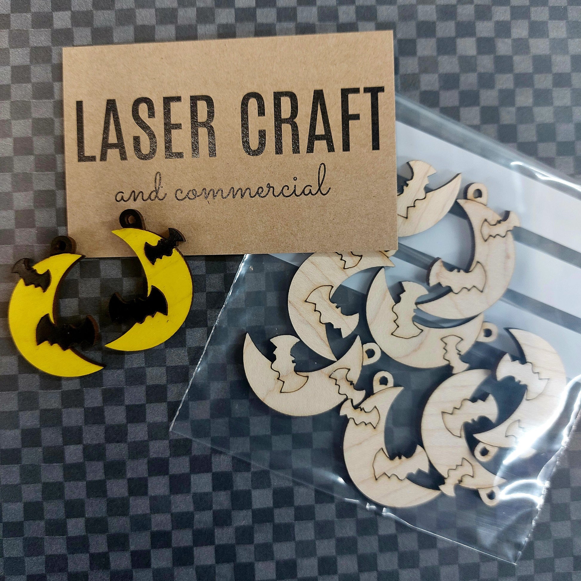 Earrings Moon and Bat, Laser Cut Solid Maple Wood Crescent Moon and Bats Earring Blanks, Jewellery Making