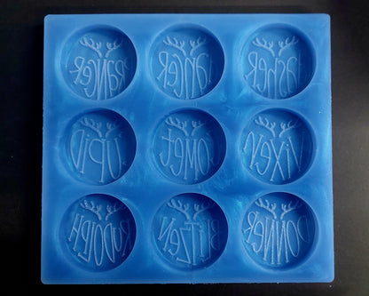 Reindeer Name Discs 9 Cell Silicone Mould for wax, resin and more (HBbox size)